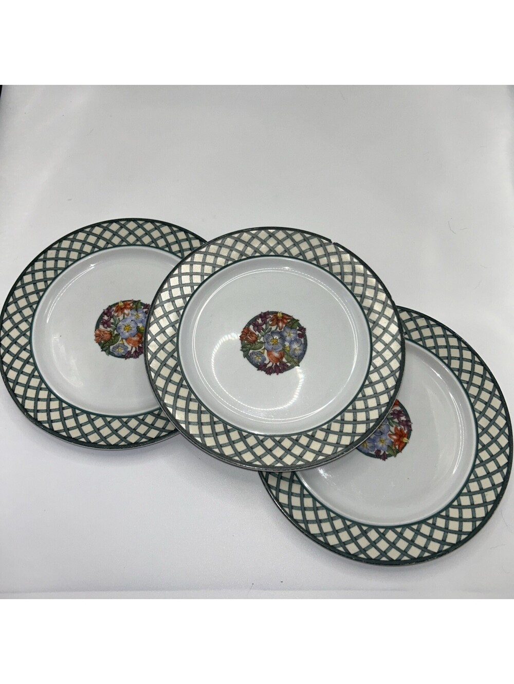 Dansk Nordic Garden 9” Salad Dessert Plates Green Lattice Floral Set of 3